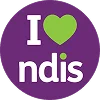 I love NDIS badge featuring a purple circle with white text and a green heart representing disability support