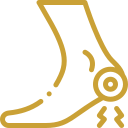 Gold line icon of a foot and ankle highlighting joint pain or heel discomfort with target and lightning bolt symbols