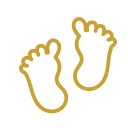 Minimalist gold line art icon of small baby footprints or child feet.
