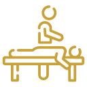 Gold line icon representing physical therapy, chiropractic treatment, or massage therapy on a clinical table
