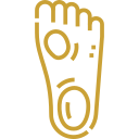 Minimalist gold line art icon depicting a foot sole with circular indicators for heel and forefoot pain.