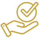Minimalist gold line art icon depicting a hand holding a checkmark or validation symbol.