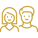 Minimalist gold line art icon portraying a male and female avatar or user profile.