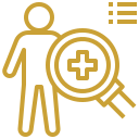 Gold line icon of a magnifying glass with a medical cross focused on a person representing a health assessment or checkup
