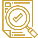 Gold line icon of a magnifying glass highlighting a checkmark on a document representing an approved assessment or clinical report