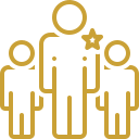 Gold line icon showing a central leader figure with a star on their chest, flanked by two team members or followers.
