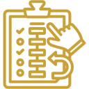 Gold line icon of a hand pointing to a digital checklist on a clipboard with checkmarks and circles.