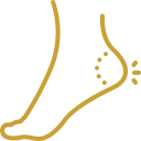 Gold line icon of a foot highlighting heel pain or Achilles tendon discomfort with dotted curve and radiation symbols