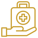 Minimalist gold line art icon depicting a medical kit or first aid briefcase held in a hand.