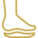 Gold line icon of a foot with an orthopedic shoe insole or orthotic insert for arch support