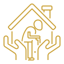 Gold line icon of an elderly person with a walking cane inside a house, cradled by a pair of supportive hands