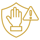 Gold line icon of a shield with a raised stop hand and warning sign representing injury prevention or patient safety
