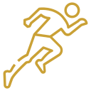 Gold line icon of a running athlete or sprinter representing sports podiatry and lower limb biomechanics