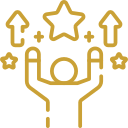 Gold line icon of a person celebrating recovery, success, or optimal physical performance with stars and upward arrows
