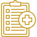 Minimalist gold line art icon depicting a medical checklist, diagnostic report, or healthcare assessment sheet.