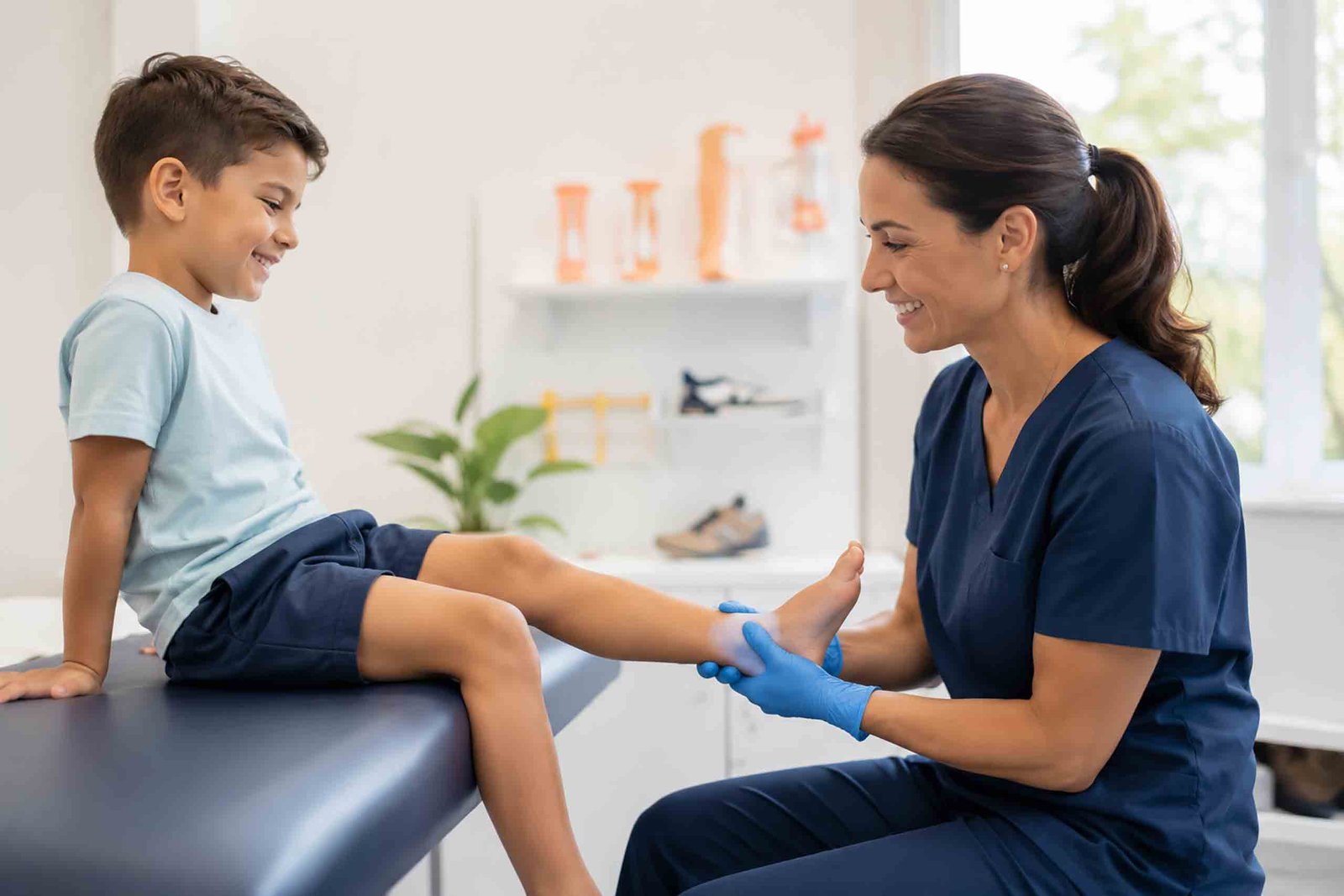 A smiling female pediatric podiatrist examining a young boy's foot and ankle in a clinic setting.