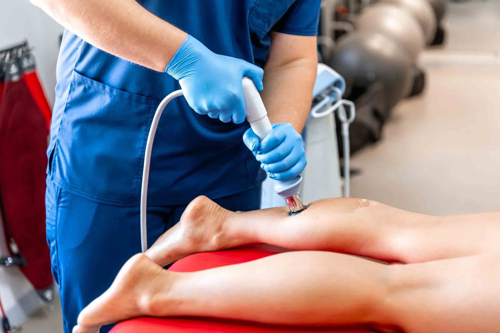 Extracorporeal shockwave therapy (ESWT) being applied to a patient's lower leg for calf pain rehabilitation.